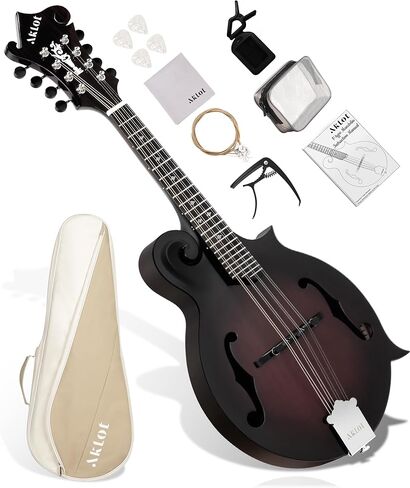 AKLOT F-Style Acoustic Mandolin Instrument: Hand-Carved Classic Scroll Headstock, Mahogany Body and Natural Bone Nut, Deluxe Mandolin Bundle with Padded Bag, Tuner, Capo and Picks (RV-FMT) in Kuwait
