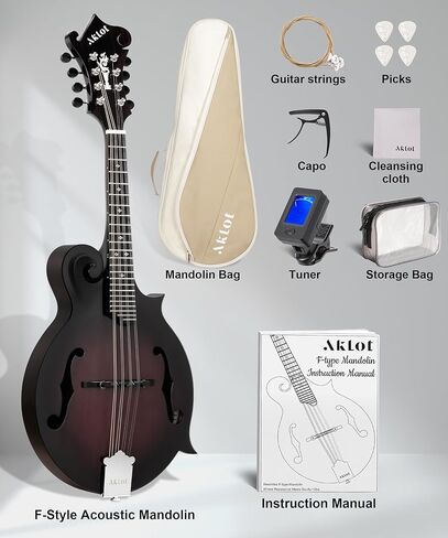 AKLOT F-Style Acoustic Mandolin Instrument: Hand-Carved Classic Scroll Headstock, Mahogany Body and Natural Bone Nut, Deluxe Mandolin Bundle with Padded Bag, Tuner, Capo and Picks (RV-FMT) in Kuwait