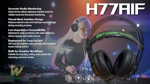 سماعات رأس H77AIF شبه احترافية لمراقبة الاستوديو - مشغلات عالية الدقة مقاس 40 مم، تصميم مغلق من الخلف فوق الأذن، مقاومة منخفضة للتسجيل والمزج والبث والبودكاست in Saudi Arabia