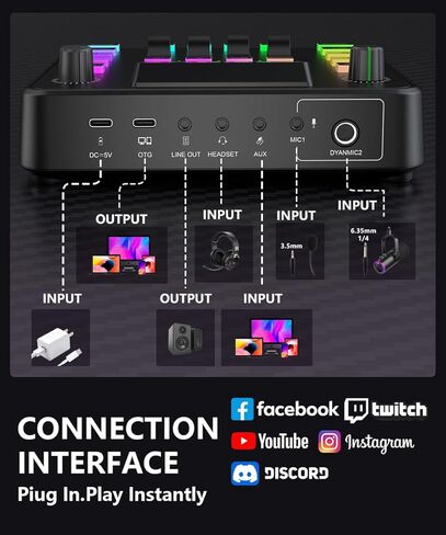 خلاط صوت للألعاب من Pupgsis، واجهة صوت للكمبيوتر، واجهة ميكروفون ديناميكية TRS مقاس 1/4 بوصة، لوحة صوت مع مغير صوت، Pro-Preamp، إلغاء الضوضاء، RGB، بلوتوث للبث/البث/الألعاب in Kuwait