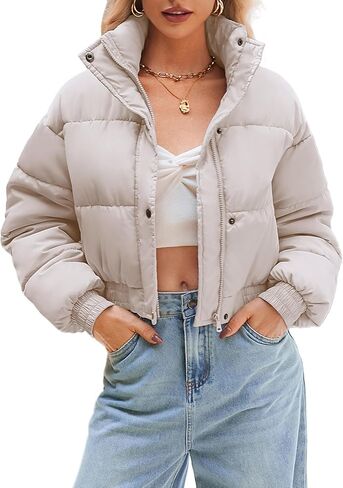 WHN Women’s Cropped Jacket Puffer Lightweight Quilted Jackets Long Sleeve Stand Collar Zipper Winter Outerwear Coat in Saudi Arabia