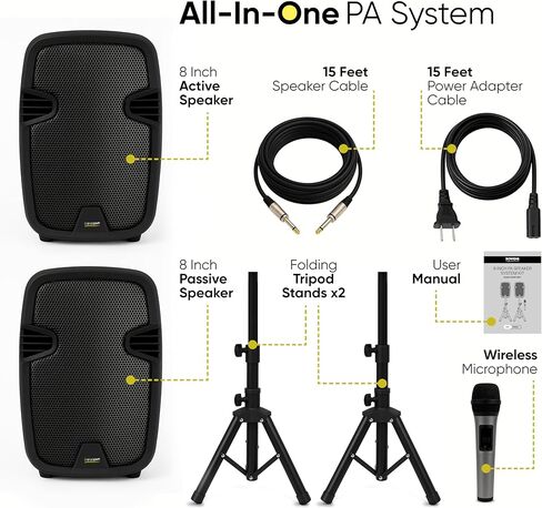 مجموعة سماعات بلوتوث PA مقاس 8 بوصات من Bowens - مكبرات صوت محمولة وميكروفون لاسلكي بلوتوث مع حامل وكابل - مكبر صوت للحفلات ومكبرات صوت DJ ونظام صوت خارجي، مجموعة نظام PA للمناسبات، كاريوكي in Kuwait