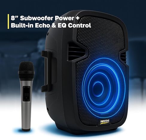 مجموعة سماعات بلوتوث PA مقاس 8 بوصات من Bowens - مكبرات صوت محمولة وميكروفون لاسلكي بلوتوث مع حامل وكابل - مكبر صوت للحفلات ومكبرات صوت DJ ونظام صوت خارجي، مجموعة نظام PA للمناسبات، كاريوكي in Kuwait