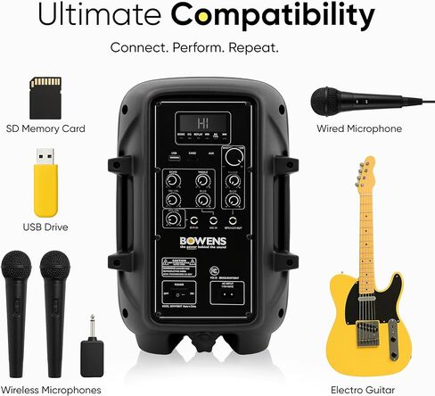 مجموعة سماعات بلوتوث PA مقاس 8 بوصات من Bowens - مكبرات صوت محمولة وميكروفون لاسلكي بلوتوث مع حامل وكابل - مكبر صوت للحفلات ومكبرات صوت DJ ونظام صوت خارجي، مجموعة نظام PA للمناسبات، كاريوكي in Kuwait