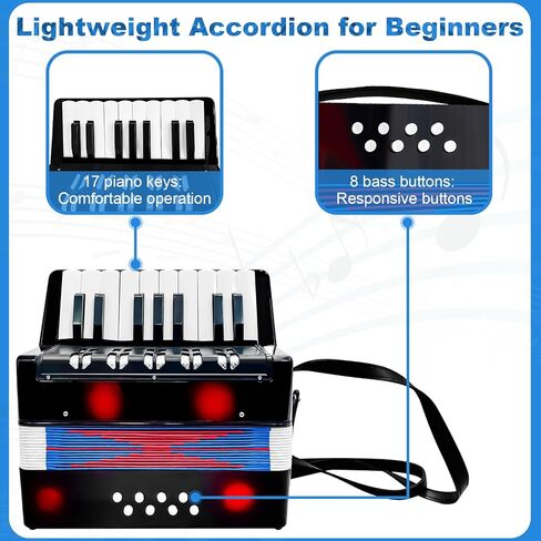 17 Keys Mini Accordion, 8 Bass Button Lightweight Accordion Gift for Beginners, Practice and Educational Musical Instrument (Black) in Kuwait