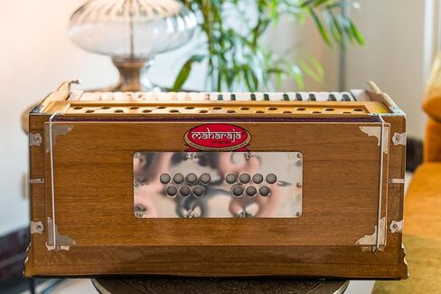 Harmonium by Maharaja Musicals, USA, 9 Stops, Model 2025, 3 1/2 Octave, Double Reed, Coupler, Natural Color, Standard, Padded Bag, A440 Tuned, Musical Instrument Indian-ABG in Kuwait