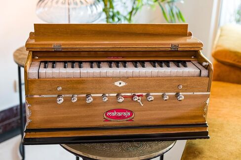 Harmonium by Maharaja Musicals, USA, 9 Stops, Model 2025, 3 1/2 Octave, Double Reed, Coupler, Natural Color, Standard, Padded Bag, A440 Tuned, Musical Instrument Indian-ABG in Kuwait