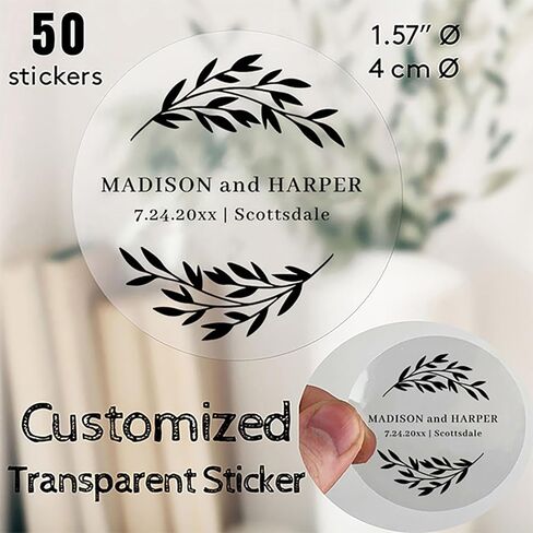 50 Custom Transparent Stickers - Personalized Clear Round Labels 1.57 Inch (4cm) - Add Your Logo, Text, Name for Wedding Favors, Business Branding, Envelopes, Jars, Invitations in Saudi Arabia