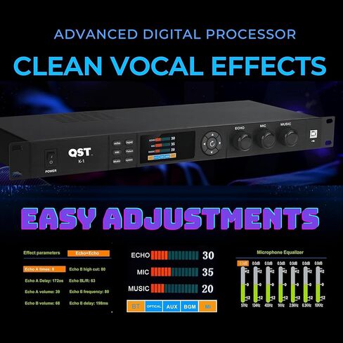 ميكروفون QST K-1 احترافي KTV، مؤثر Preamp الرقمي، معالج صوت مضاد للارتجاع، بلوتوث بصري، مع جهاز تحكم عن بعد، لمنعكس الكاريوكي المنزلي، المسرح، الكنيسة، الأداء، الزفاف in Saudi Arabia