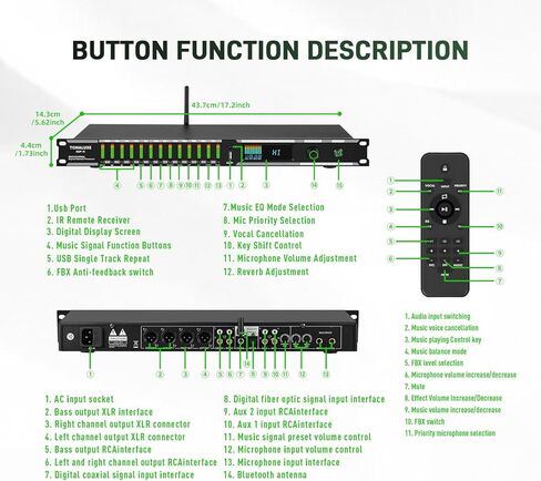 Digital Karaoke Mixer Audio Processor System with DSP, Professional Pre-Stage Effector Vocal Effects Preamp KTV Equalizer, Anti-Howling Microphone Sound Processor w/USB Bluetooth Optical Audio Input in Kuwait