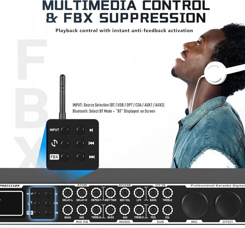 Karaoke Processor System, Digital Pre-Stage Effector Vocal Effects Preamp KTV Mixer Equalizer with 4-level FBX, Anti-Howling Microphone Sound Audio Processor w/USB Bluetooth Optical Audio Input in Kuwait