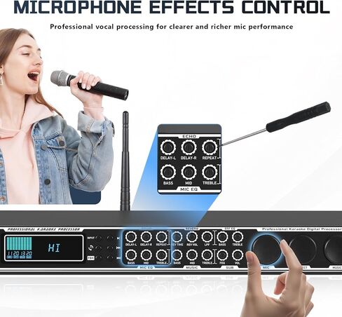 Karaoke Processor System, Digital Pre-Stage Effector Vocal Effects Preamp KTV Mixer Equalizer with 4-level FBX, Anti-Howling Microphone Sound Audio Processor w/USB Bluetooth Optical Audio Input in Kuwait