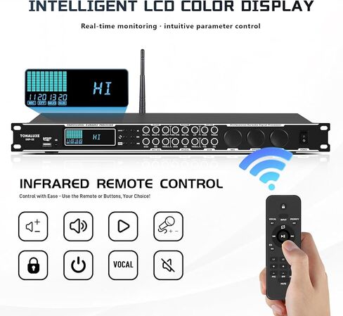 Karaoke Processor System, Digital Pre-Stage Effector Vocal Effects Preamp KTV Mixer Equalizer with 4-level FBX, Anti-Howling Microphone Sound Audio Processor w/USB Bluetooth Optical Audio Input in Kuwait