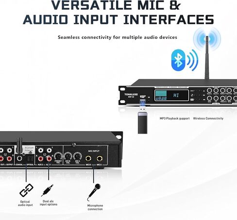 Karaoke Processor System, Digital Pre-Stage Effector Vocal Effects Preamp KTV Mixer Equalizer with 4-level FBX, Anti-Howling Microphone Sound Audio Processor w/USB Bluetooth Optical Audio Input in Kuwait