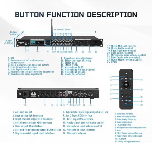 Karaoke Processor System, Digital Pre-Stage Effector Vocal Effects Preamp KTV Mixer Equalizer with 4-level FBX, Anti-Howling Microphone Sound Audio Processor w/USB Bluetooth Optical Audio Input in Kuwait