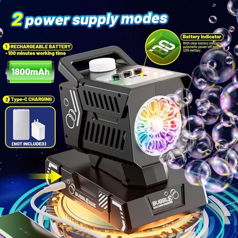 جهاز تحكم عن بعد لآلة الفقاعات، دوران تلقائي و11 مصباح RGB، بطارية قابلة لإعادة الشحن 1800 مللي أمبير في الساعة، شحن USB-C، فقاعات عملاقة للأطفال، وحفلات الزفاف، وحفلات أعياد الميلاد، والأنشطة الخارجية in Kuwait