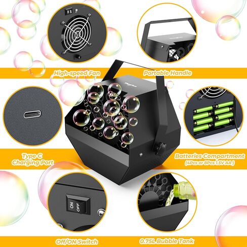 آلة فقاعات Theefun، منفاخ فقاعات مسرح معدني سعة 750 مل، قابس USB أو 8 بطاريات، صانع فقاعات محمول للحفلات لحفلات الشواء وأعياد الميلاد للاستخدام الداخلي والخارجي (جهاز التحكم عن بعد) in Kuwait