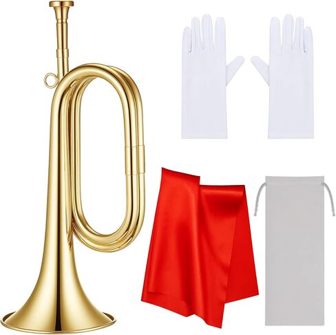 Lewtemi Gold Plated Brass Trumpet Bugle Horn with Bag, Gloves, and Red Cleaning Cloth, Brass Cavalry Trumpet Instrument for Military Orchestra, Festival Atmosphere Performances, Band Cavalry Beginner in Saudi Arabia