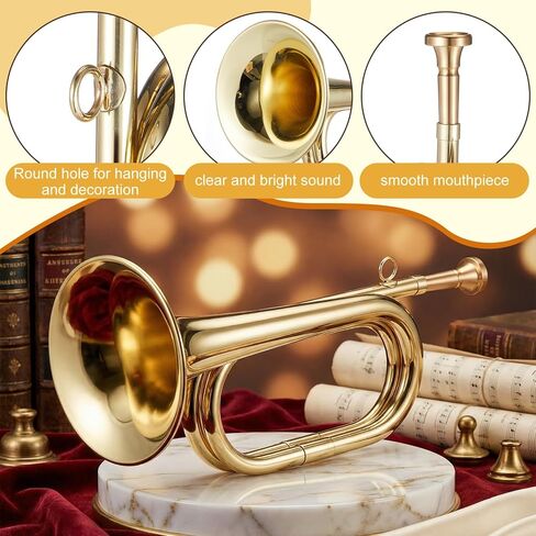 Lewtemi Gold Plated Brass Trumpet Bugle Horn with Bag, Gloves, and Red Cleaning Cloth, Brass Cavalry Trumpet Instrument for Military Orchestra, Festival Atmosphere Performances, Band Cavalry Beginner in Saudi Arabia