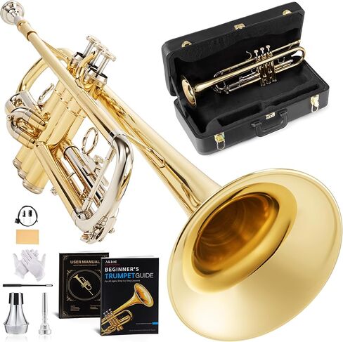 AKLOT Hand-Hammered Bell Bb Trumpet: Smooth Valve Action, Clear-Lacquered Brass Body, Standard Trumpet Beginner Set with Leather Case, Lesson Book, Trumpet Mute, Mouthpiece, Cleaning Kit (SNR-BrzSF) in Kuwait