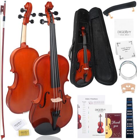 Violin 4/4 Full Size Kit for Beginners, Glossy Violin Fiddle Set for Adults, Students with Violin Case, Bow, Rosin, Fingerboard Sticker, Shoulder Rest, Extra Strings and Bridge(Plywood, Full) in Kuwait