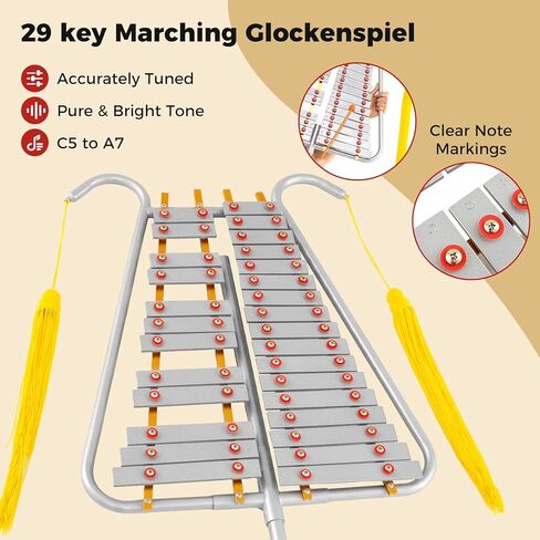 Costzon Marching Glockenspiel, 29 Note Bell Lyre for Marching Band with Aluminum Keys, Adjustable Length, Waist Strap, 2 Mallets, Tassels, Percussion Instrument Kit for Parade, Practice in Saudi Arabia