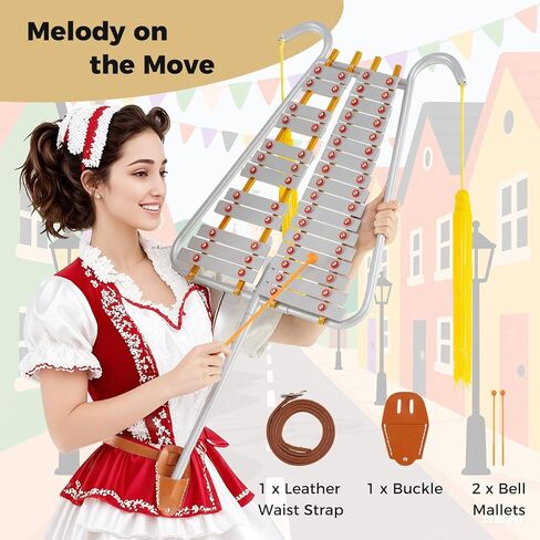 Costzon Marching Glockenspiel, 29 Note Bell Lyre for Marching Band with Aluminum Keys, Adjustable Length, Waist Strap, 2 Mallets, Tassels, Percussion Instrument Kit for Parade, Practice in Saudi Arabia