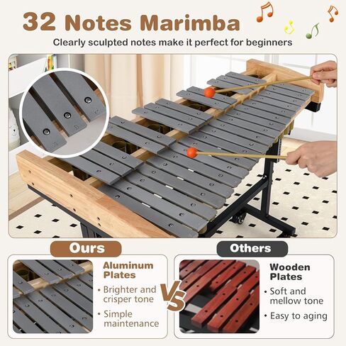 Costzon 32 Note Marimba, Aluminum Xylophone with Rubber Wood Base & Resonance Tubes, 32-Key Professional Glockenspiel with Mallets, Adjustable Stand & Lockable Wheels for Beginners, Students & Adults in Saudi Arabia