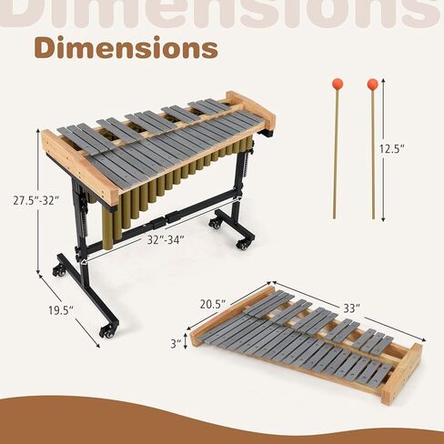 Costzon 32 Note Marimba, Aluminum Xylophone with Rubber Wood Base & Resonance Tubes, 32-Key Professional Glockenspiel with Mallets, Adjustable Stand & Lockable Wheels for Beginners, Students & Adults in Saudi Arabia