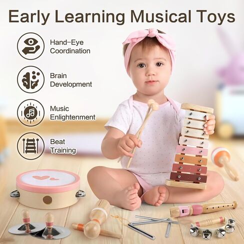 Vanplay Musical Toys for 2 Year Old Girls Easter Birthday Gifts, Montessori Toys for 2 3 Year Old, 8 in 1 Wooden Musical Instruments with Xylophone/ Tambourine/Maracas for Toddler 2-4 in Kuwait