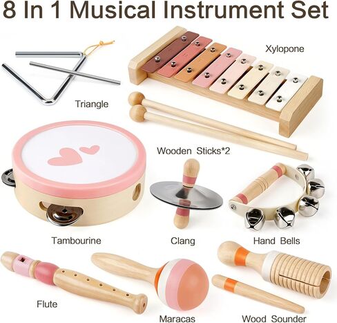 Vanplay Musical Toys for 2 Year Old Girls Easter Birthday Gifts, Montessori Toys for 2 3 Year Old, 8 in 1 Wooden Musical Instruments with Xylophone/ Tambourine/Maracas for Toddler 2-4 in Kuwait