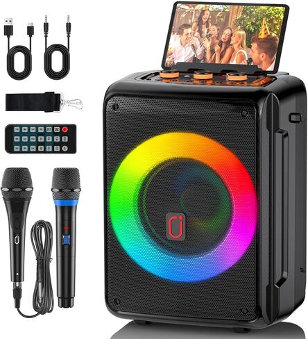 Karaoke Machine, Portable Bluetooth Speaker with 2 Wireless Microphones for Adults & Kids,Karaoke Speaker for Parties and Gatherings, PA System Supports TWS/USB/TF/REC/AUX and TV Connected in Kuwait
