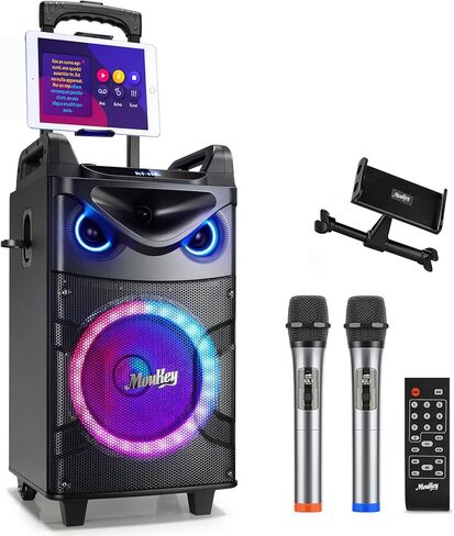 Moukey Karaoke Machine, 10" Woofer Portable PA System, Bluetooth Speaker with 2 Wireless Microphones, Lyrics Display Tablet Holder, Party Lights & Echo/Treble/Bass Adjustment Support REC/AUX/USB/TF in Kuwait