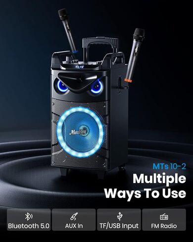 Moukey Karaoke Machine, 10" Woofer Portable PA System, Bluetooth Speaker with 2 Wireless Microphones, Lyrics Display Tablet Holder, Party Lights & Echo/Treble/Bass Adjustment Support REC/AUX/USB/TF in Kuwait