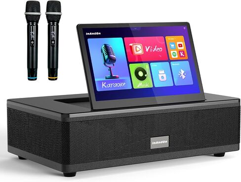 آلة InAndOn Karaoke: مشغل كاريوكي الكل في واحد مع شاشة لمس عالية الدقة 12.2 بوصة، 2 ميكروفونات لاسلكية UHF، قوة ذروة 800 وات، مكبرات صوت فرعية 6.5 بوصة نظام آلة كاريوكي KTV للغناء الاحترافي باللون الأسود in Kuwait