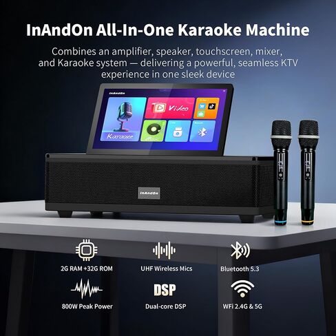 آلة InAndOn Karaoke: مشغل كاريوكي الكل في واحد مع شاشة لمس عالية الدقة 12.2 بوصة، 2 ميكروفونات لاسلكية UHF، قوة ذروة 800 وات، مكبرات صوت فرعية 6.5 بوصة نظام آلة كاريوكي KTV للغناء الاحترافي باللون الأسود in Kuwait