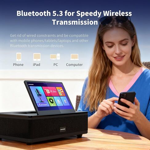 آلة InAndOn Karaoke: مشغل كاريوكي الكل في واحد مع شاشة لمس عالية الدقة 12.2 بوصة، 2 ميكروفونات لاسلكية UHF، قوة ذروة 800 وات، مكبرات صوت فرعية 6.5 بوصة نظام آلة كاريوكي KTV للغناء الاحترافي باللون الأسود in Kuwait