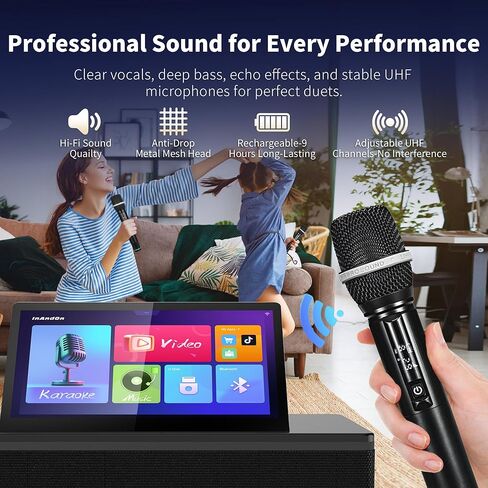 آلة InAndOn Karaoke: مشغل كاريوكي الكل في واحد مع شاشة لمس عالية الدقة 12.2 بوصة، 2 ميكروفونات لاسلكية UHF، قوة ذروة 800 وات، مكبرات صوت فرعية 6.5 بوصة نظام آلة كاريوكي KTV للغناء الاحترافي باللون الأسود in Kuwait
