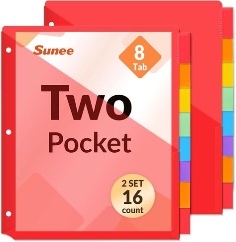 SUNEE 8 Tab Dividers with Pockets, Plastic Dividers for 3 Ring Binder, Subject Dividers with 2 Pockets, Binder Dividers for School Office Home Supplies, Multicolor, 1 Set in Kuwait