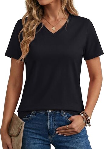MAGCOMSEN Women's Cotton T Shirt V-Neck Short Sleeve Shirt Classic-Fit Casual Breathable Tee Summer Basic Tops in Kuwait
