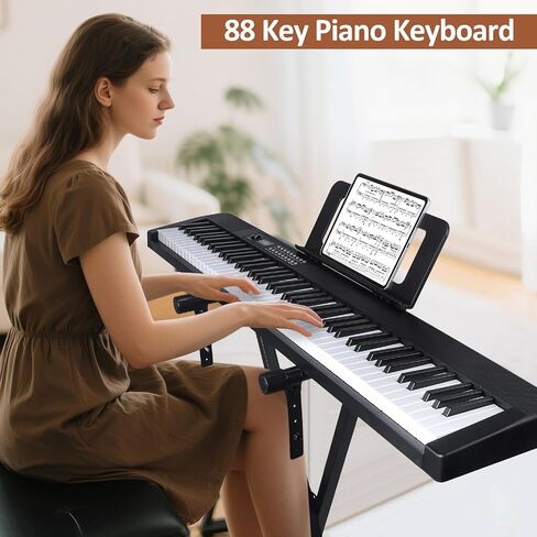 88 Key Piano Keyboard, Electric Digital Piano with Semi Weighted Keys, Keyboard Piano with Sustain Pedal, Power Supply, Stand, Carrying Case, Headphones, USB-MIDI Compatibility, for Beginner Adults in Kuwait