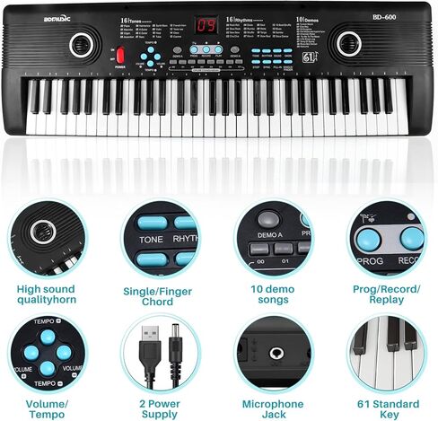 بيانو بلوحة مفاتيح مكون من 61 مفتاحًا، بيانو رقمي إلكتروني مع ميكروفون مكبر صوت مدمج، هدية لتعليم لوحة المفاتيح المحمولة للمبتدئين، بيانو كهربائي للأطفال in Kuwait