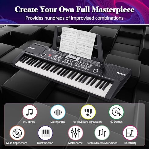 61 keys keyboard piano, Electronic Digital Piano with Built-In Speaker Microphone, Sheet Stand and Power Supply, Portable piano Keyboard Gift Teaching for Beginners in Kuwait