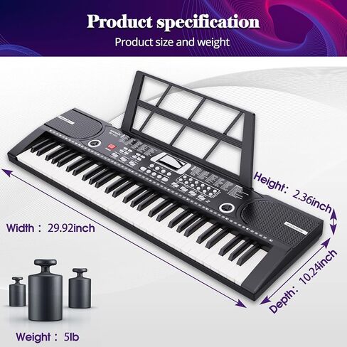 61 keys keyboard piano, Electronic Digital Piano with Built-In Speaker Microphone, Sheet Stand and Power Supply, Portable piano Keyboard Gift Teaching for Beginners in Kuwait