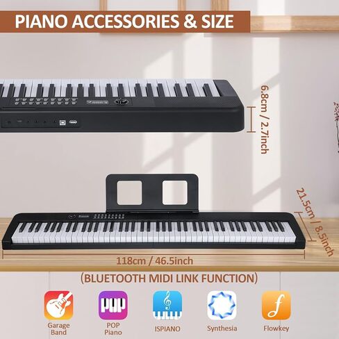 88 Key Piano Keyboard, Electric Digital Piano with Semi Weighted Keys, Keyboard Piano with Sustain Pedal, Power Supply, Stand, Carrying Case, Headphones, USB-MIDI Compatibility, for Beginner Adults in Kuwait