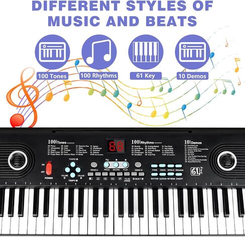 بيانو بلوحة مفاتيح مكونة من 61 مفتاحًا، بيانو رقمي إلكتروني محمول، مكبرات صوت مزدوجة مدمجة، ميكروفون خارجي، قابس طاقة، محتوى تعليمي غني، بيانو إلكتروني متعدد الوظائف مناسب للمبتدئين in Kuwait