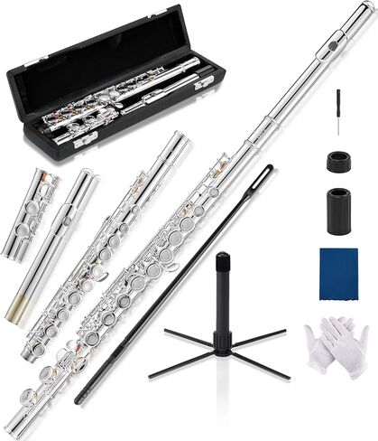 AKLOT Closed-Hole Concert C Flute: Flute Instrument with 16 Keys, Offset G, Smooth Nickel-Silver Keys, Air-Tight Pads, Include Stylish Case with Shoulder Strap, Cleaning Kit, Gloves (LUM-SN) in Kuwait