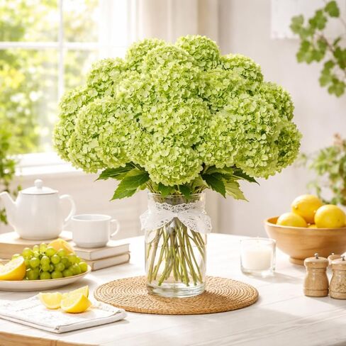 10 Pcs Artificial Hydrangea Flower 2 Stems 26.4 '' Real Touch Long Stem Green Hydrangea Flower Lifelike Latex Flower Xmas Table Flower for Home Bedroom Decoration Outdoor Wedding in Kuwait