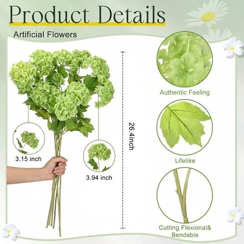 10 Pcs Artificial Hydrangea Flower 2 Stems 26.4 '' Real Touch Long Stem Green Hydrangea Flower Lifelike Latex Flower Xmas Table Flower for Home Bedroom Decoration Outdoor Wedding in Kuwait