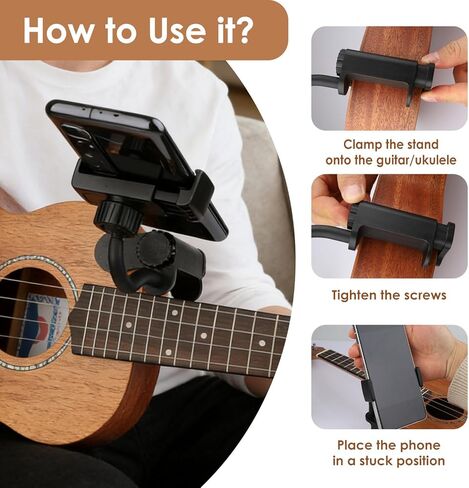 مجموعة حامل هاتف الجيتار مع 3 في 1 سحب دبوس لفاف السلسلة و20 قطعة 0.71 مم - حامل قابل للتعديل للجيتار/الأوكيليلي/الباس، مثالي لأوراق الموسيقى والتعليم والتسجيل والأداء in Kuwait